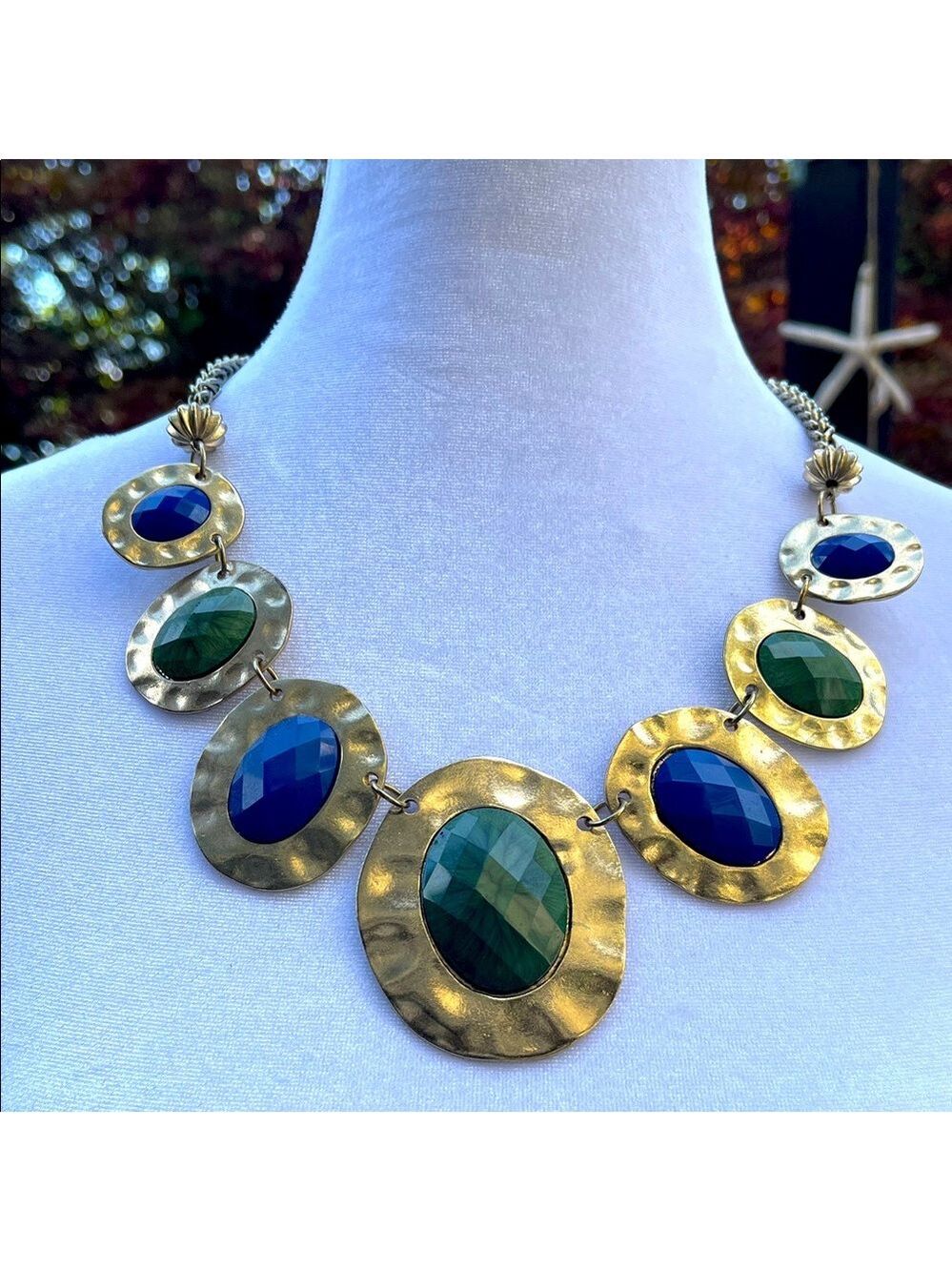 Statement Hammered Gold Tone Necklace Blue & Green Stones